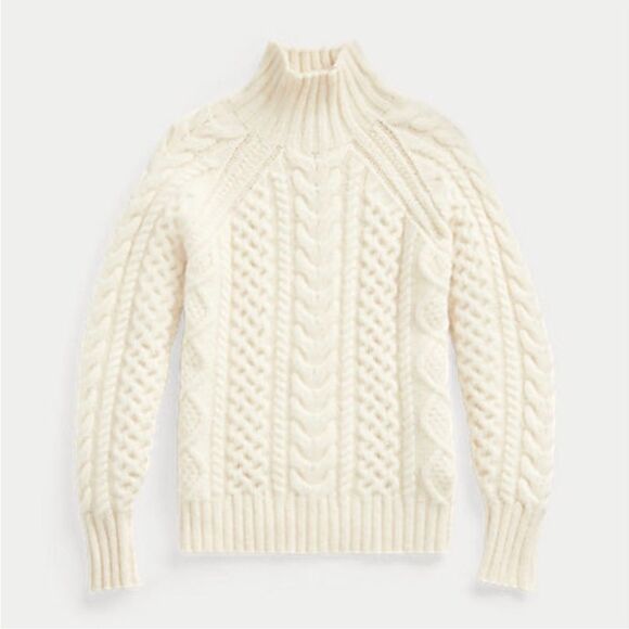 Polo Ralph Lauren Aran Knit Wool Alpaca Blend Mock Turtleneck Sweater in Cream - Picture 3 of 16